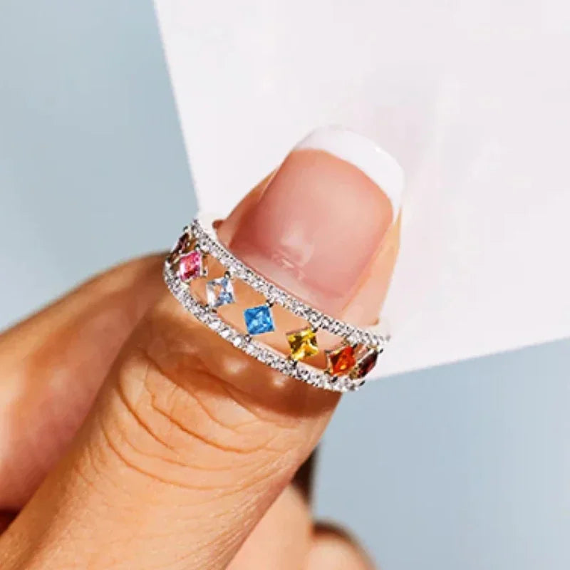 Creative Cute Finger Rings Colorful Shiny Square Cubic Zirconia Party Accessories Chic Attractive Lovely Daily Jewelry