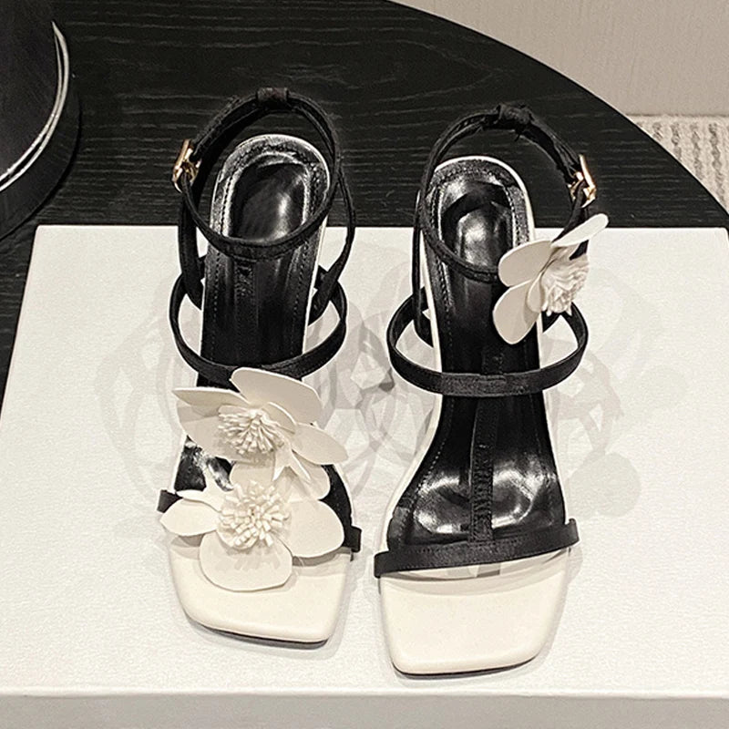 Black White Sandals For Women 2025 Summer Fashion Flowers Ankle Strap Square Toe Party Prom Shoes High Heels Sandalias