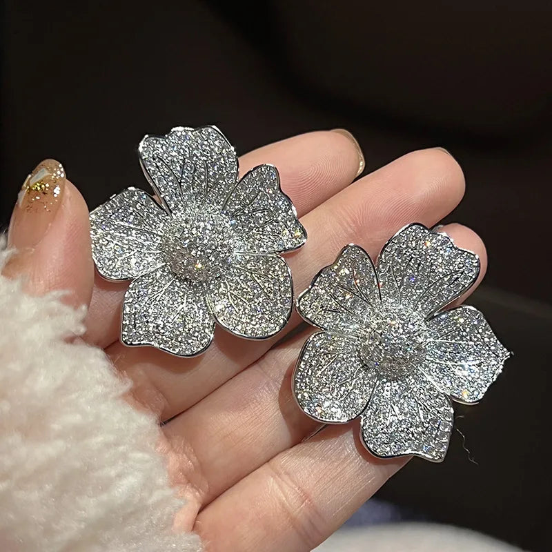 Hyperbole Big Flower Stud Earrings Aesthetic Accessories for Women Full Sparkling Cubic Zirconia Wedding Luxury Jewelry - EUFASHIONBAGS