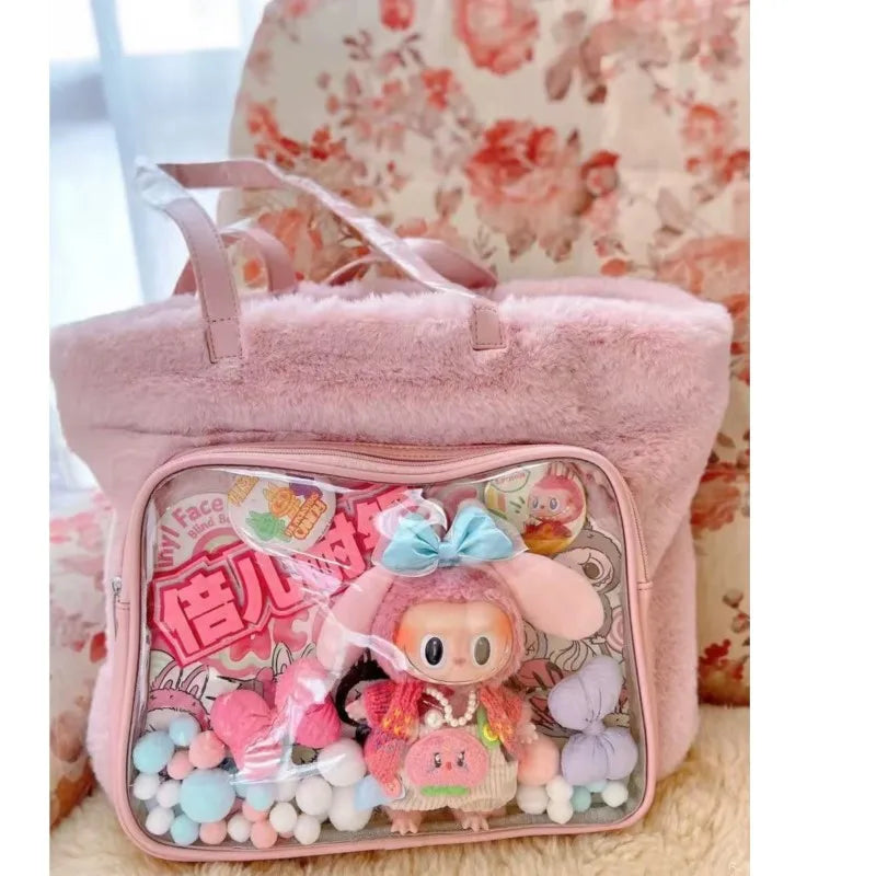 Japanese Transparent Pink Ita Bag Purse Women Harajuku Aesthetic Plush Handbag Female Large Tote Bag - EUFASHIONBAGS