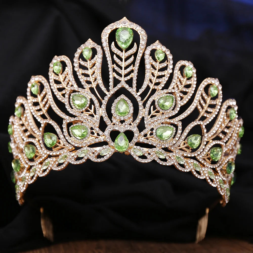 Luxury Royal Queen Rhinestone Wedding Crown Combs for Women Green Crystal Banquet Tiaras Party Costume Hair Jewelry Accessories - EUFASHIONBAGS