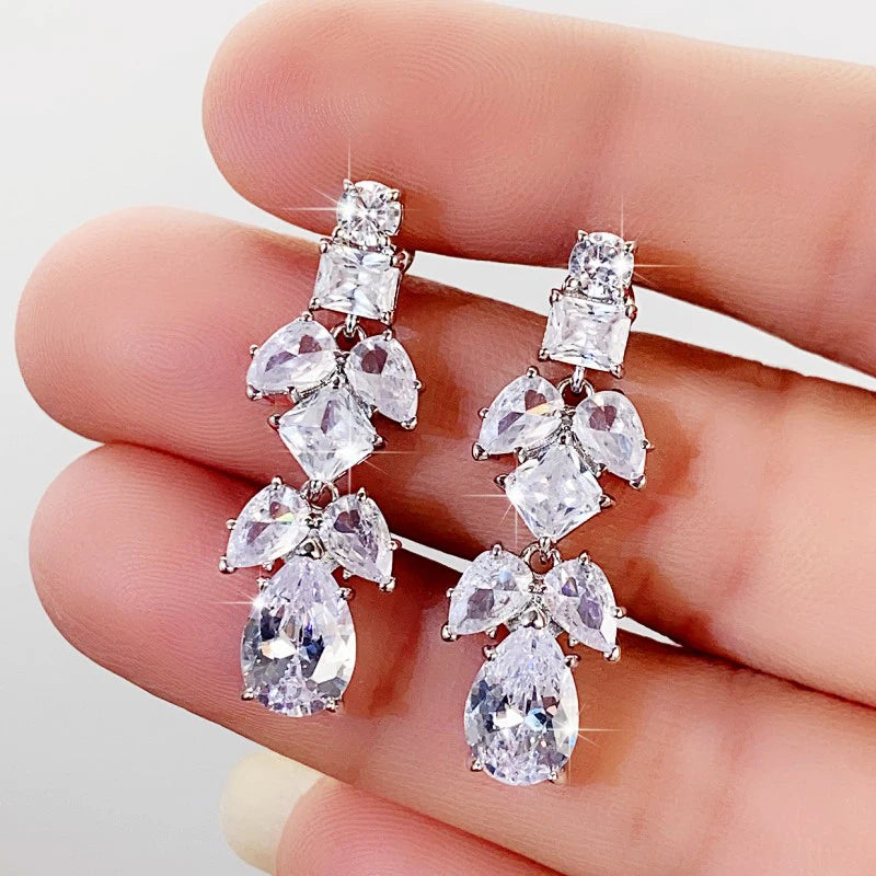 Trendy Leaf Shape Silver Color Earrings for Women Crystal CZ Exquisite Lady's Ear Dangle Earrings Wedding Party Jewelry - EUFASHIONBAGS