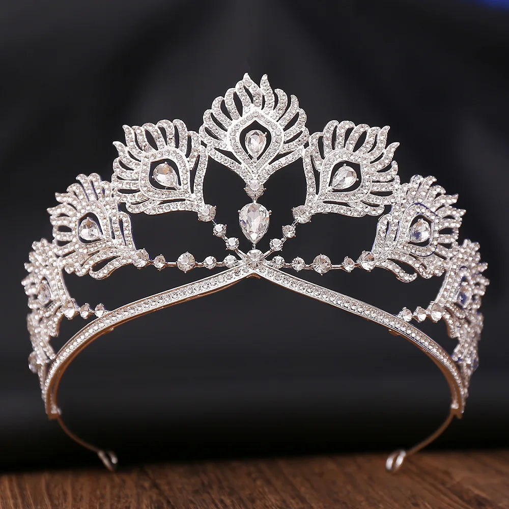 Miss Universe Crown Round Adjustable Pearl Peakcock Feather Tiaras Rhinestone Pageant Prom Crowns CZ Coroa Novia Bijoux Cheveux - EUFASHIONBAGS