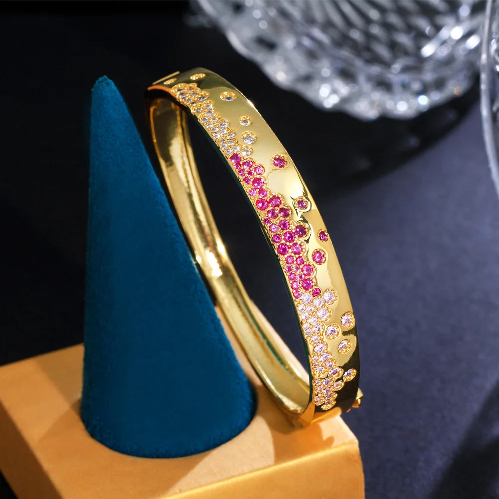 Pretty Chic Round Pink Red Cubic Zirconia Open Cuff Bangle for Women Dubai Gold Plated Wedding Party Jewelry - EUFASHIONBAGS