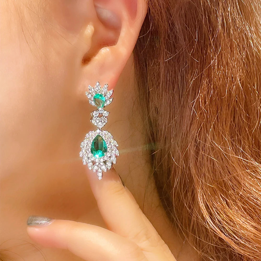 Green Cubic Zirconia Pave Long Dangling Feather Drop Earring for Women Wedding Dinner Party Accessories