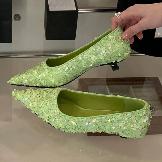 Bling Luxury Pumps Women Footwear Pointed Toe Shallow Low Heel Dress Shoes Female Comfort Elegant High Heels Zapatos De Mujer