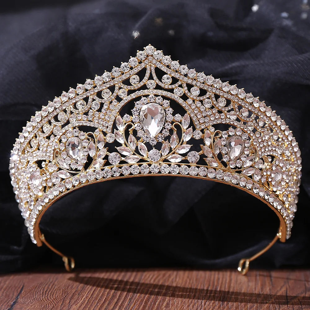 Baroque Korean Gold Color Crystal Crown Hair Accessories Luxury Rhinestone Tiara For Women Wedding Headdress Bridal Hair Jewelry