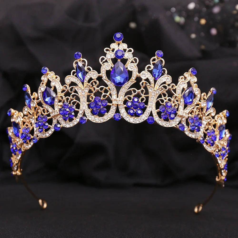 Baroque Gold Color Blue Diadem Rhinestone Crystal Tiaras Bride Headdress Princess Wedding Crown Pageant Hair Jewelry Accessories - EUFASHIONBAGS