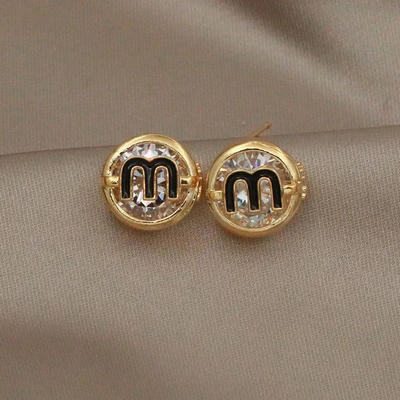 Classic Oil Letter M Crystal Stud Earrings Fashion Brand Jewelry Luxury Zirconia  Earrings for Women Party Accessories