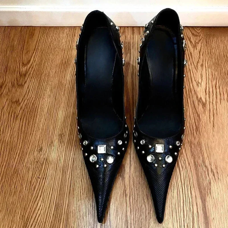 Leopard Sexy Pointed Thin High Heels Women Lace Up Rhinestone Designer Party Dress Shoes Shallow Brand Office Shoes Women Pumps