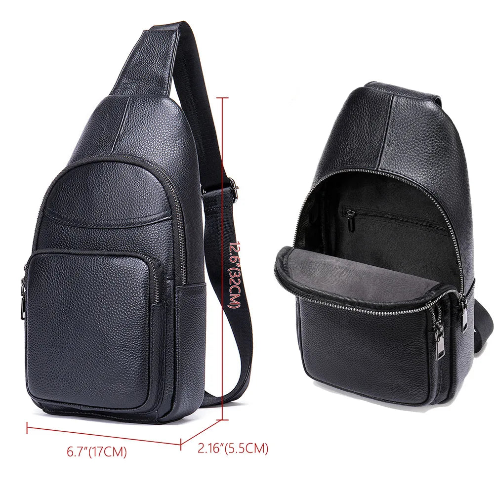 Men's Chest Bag 100% Cowhide Genuine Leather Sling Bag Casual Traveling Chest Pack Black Men's Messenger Shoulder Bags - EUFASHIONBAGS