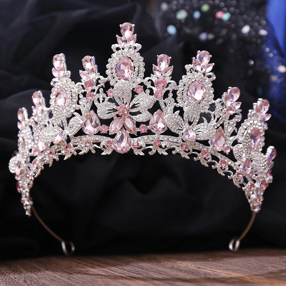 Silver Color Pink Opal Royal Queen Wedding Crown Rhinestone Crystal Bridal Diadem Pageant Headdress Bride Tiara Hair Accessories - EUFASHIONBAGS