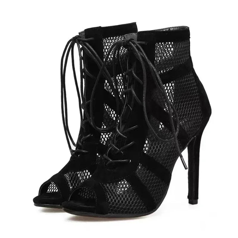 Sexy Mesh Heeled Sandals Women Cross-Strap Fish Mouth Cool Boots Female Size 35-43 Lace-up Fashion  Dance Shoes Zapatos De Mujer