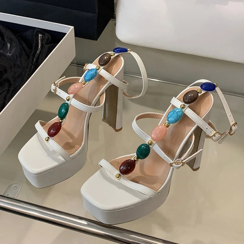 Fashion Design Colour Gem Ankle Strap Women Chunky Platform Sandals Summer Square Toe Super High Heels Wedding Prom Shoes - EUFASHIONBAGS