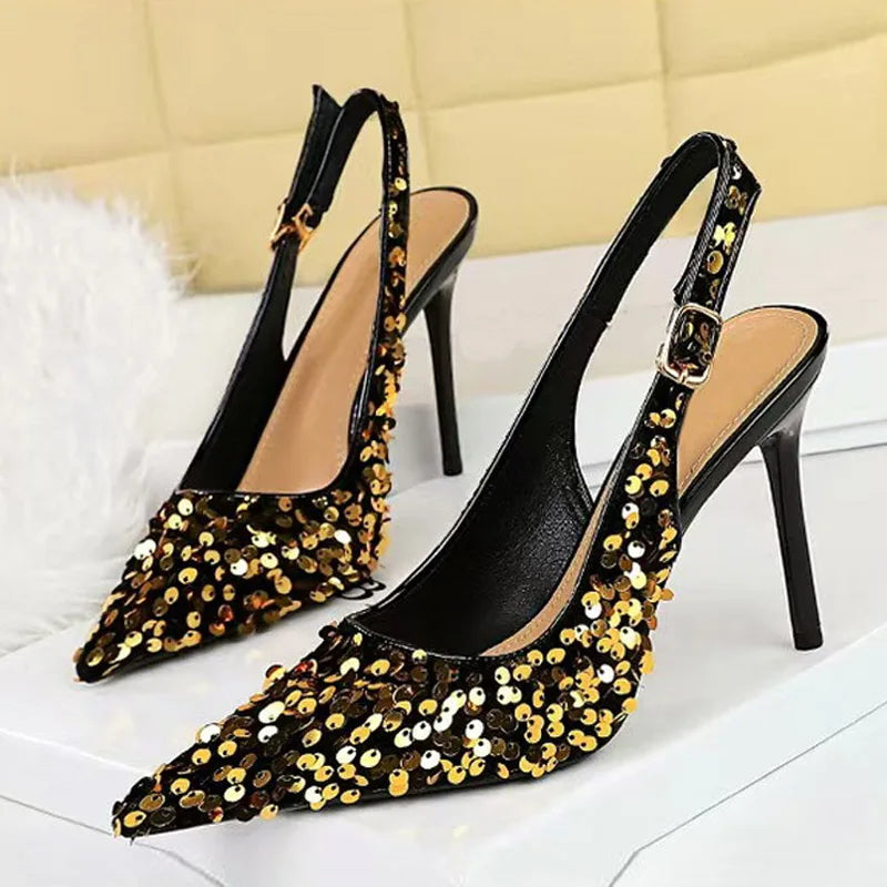 Fashion Gold Sequined Ankle Strap Women Pumps Pointed Toe Slingbacks Stiletto High Heels Wedding Prom Shoe Size 43 - EUFASHIONBAGS