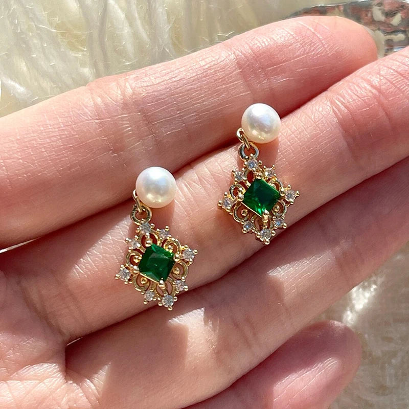 Green Cubic Zirconia Drop Earrings for Women Removable Imitation Pearl Earrings Two Wear Ways Creative Jewelry