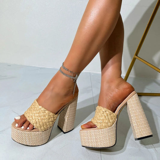 Apricot Women Sexy 13.5CM Slippers Handmade Hemp Weave Open Toe Platform High Heels Chunky Sandal Female Party Dress Shoes - EUFASHIONBAGS