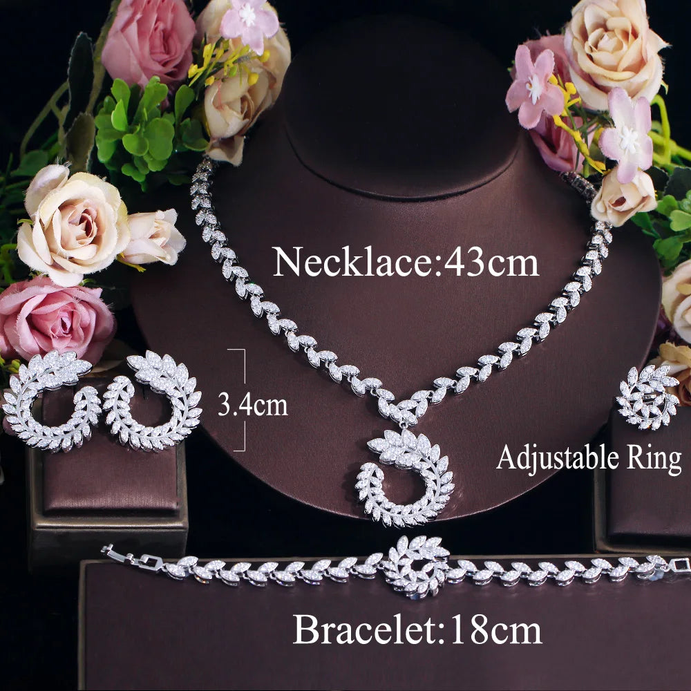 Design Olive Leaf Pretty White Cubic Zirconia Jewelry Sets for Women Wedding Banquet Bridal Party Wear - EUFASHIONBAGS