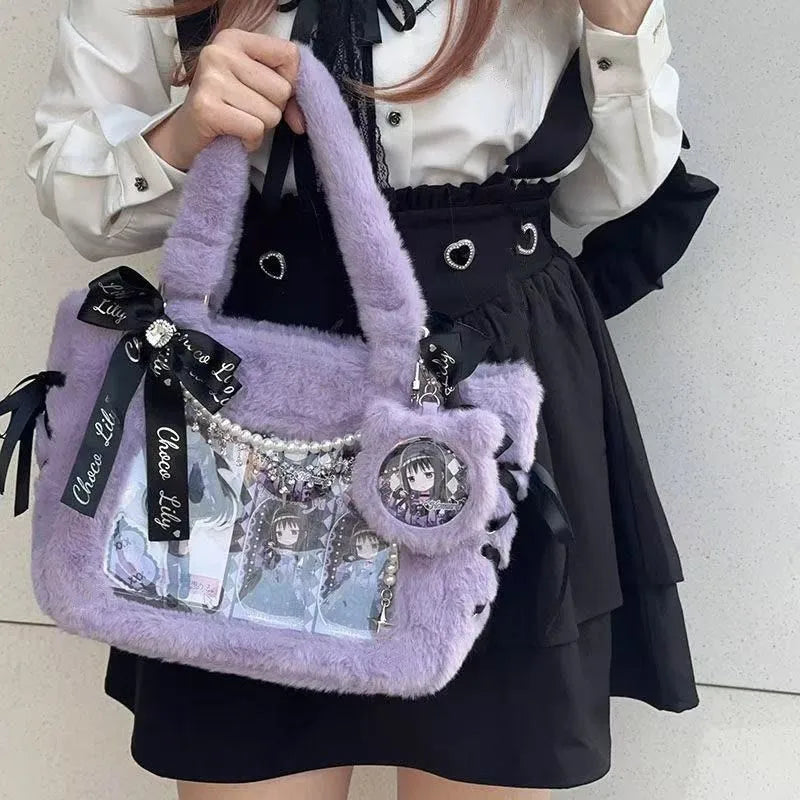 Plush Bow Purple Handbag Purse Women Sweet Japanese Transparent Ita Bag Girls Kawaii Shoulder Crossbody Bag Aesthetic - EUFASHIONBAGS