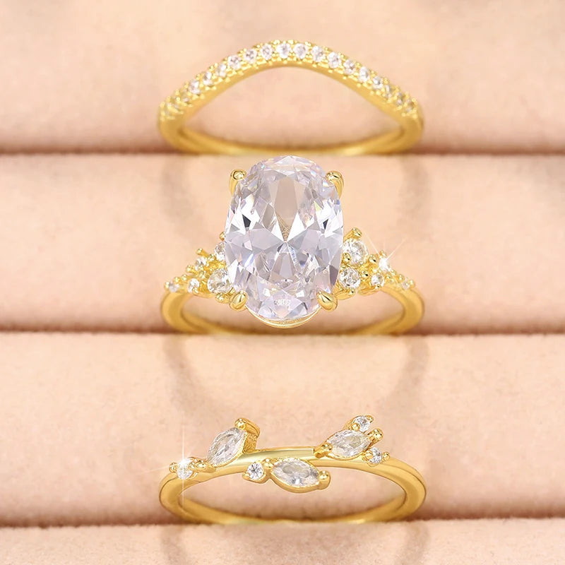 3Pcs Gold Color Set Rings for Women Aesthetic Accessories Wedding Engagement Party Temperament Rings Jewelry New - EUFASHIONBAGS