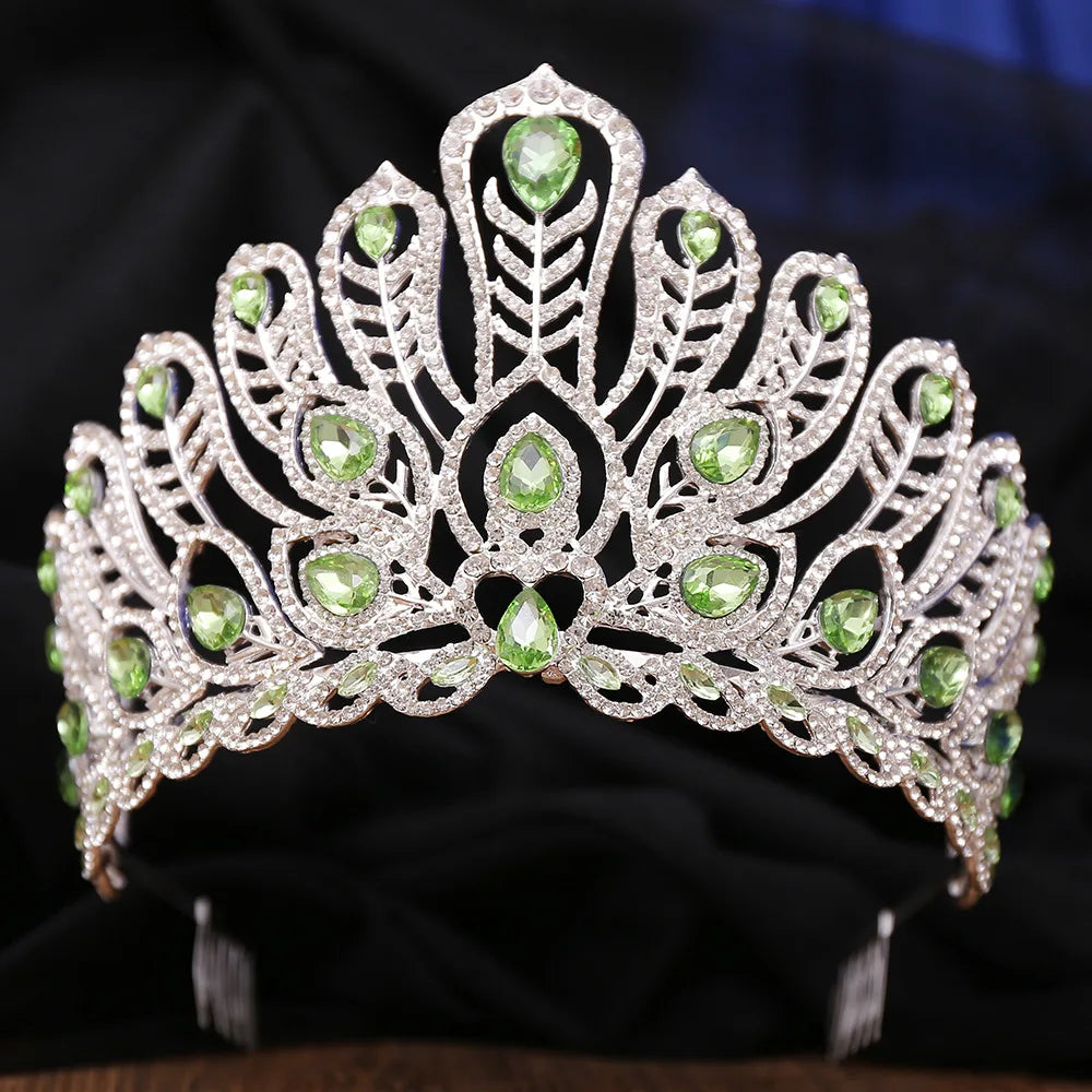 Luxury Royal Queen Rhinestone Wedding Crown Combs for Women Green Crystal Banquet Tiaras Party Costume Hair Jewelry Accessories - EUFASHIONBAGS