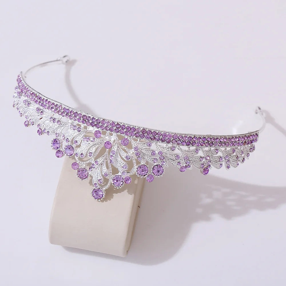 Fashion Silver Color Purple Crystal Leaf Bridal Tiara Crown Rhinestone Pageant Diadem Collares Headband Wedding Hair Accessories - EUFASHIONBAGS