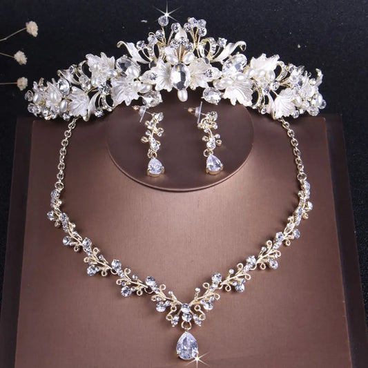 Baroque Vintage Gold Color Crystal Pearl Costume Jewelry Sets Rhinestone Choker Necklace Earring Tiara Crown Wedding Jewelry Set - EUFASHIONBAGS