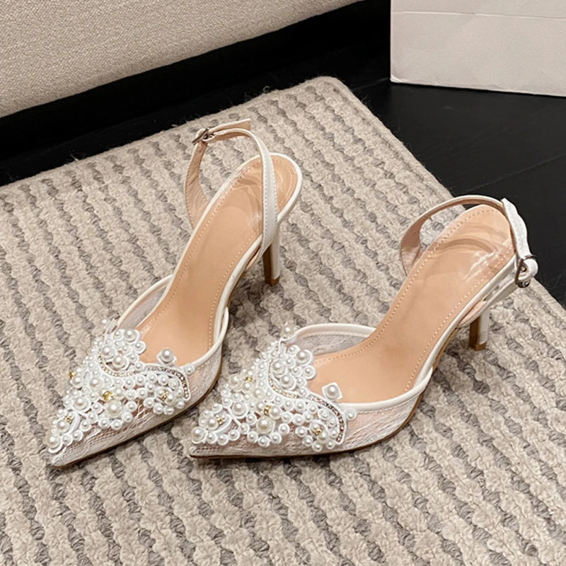 Summer Fashion White Pearl Designer Sandals Women Pumps Hollow Out Mesh Pointed Toe Mules High Heels Wedding Prom Shoes - EUFASHIONBAGS