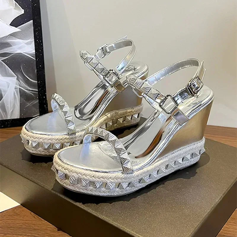 Rivets Design Wedge Sandals Woman Summer 2025 Open Toe Dress Shoes Fashion Weave Platform High Heels Ladies Zapatos De Mujer