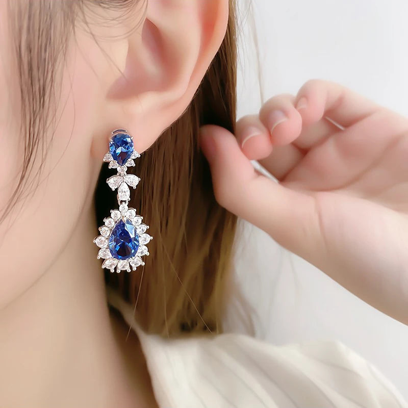 Blue Waterdrop CZ Dangle Earrings for Women Noble Bridal Wedding Earrings Luxury Fashion Female Jewelry Party - EUFASHIONBAGS