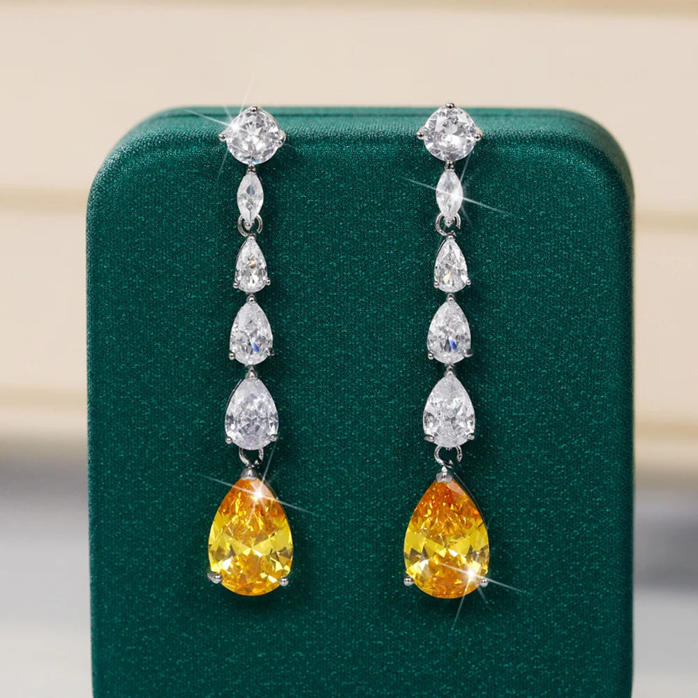 Bright Pear Yellow Cubic Zirconia Long Hanging Earrings Romantic Bride Wedding Accessory Luxury Fashion Jewelry for Women - EUFASHIONBAGS