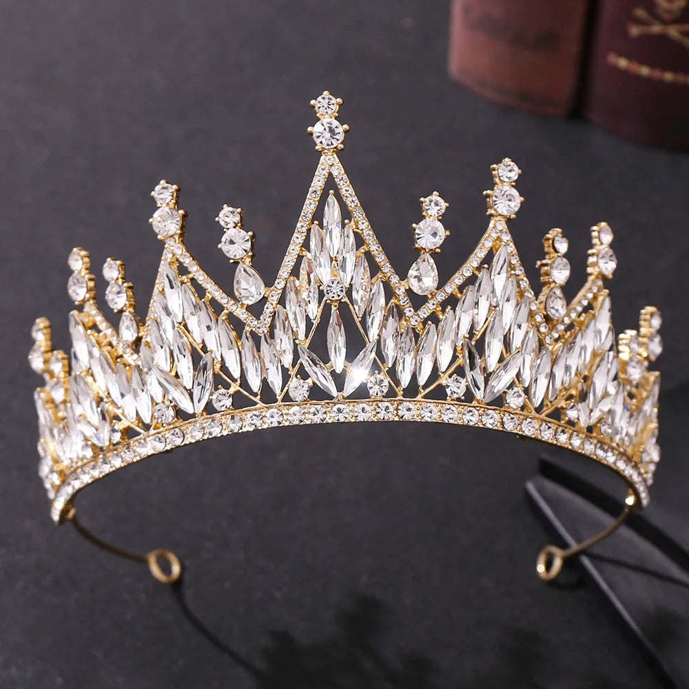 Baroque Korean Gold Color Crystal Crown Hair Accessories Luxury Rhinestone Tiara For Women Wedding Headdress Bridal Hair Jewelry