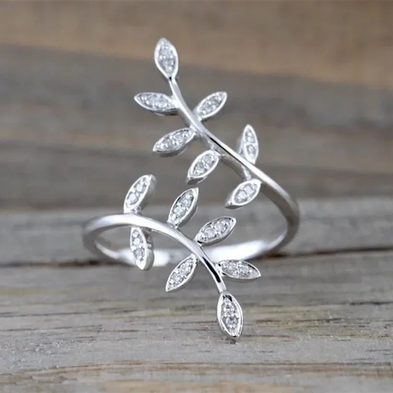 Fresh Style Leaf Finger Ring for Women Silver Color Cubic Zirconia Crystal Rings Daily Wear Statement Jewelry