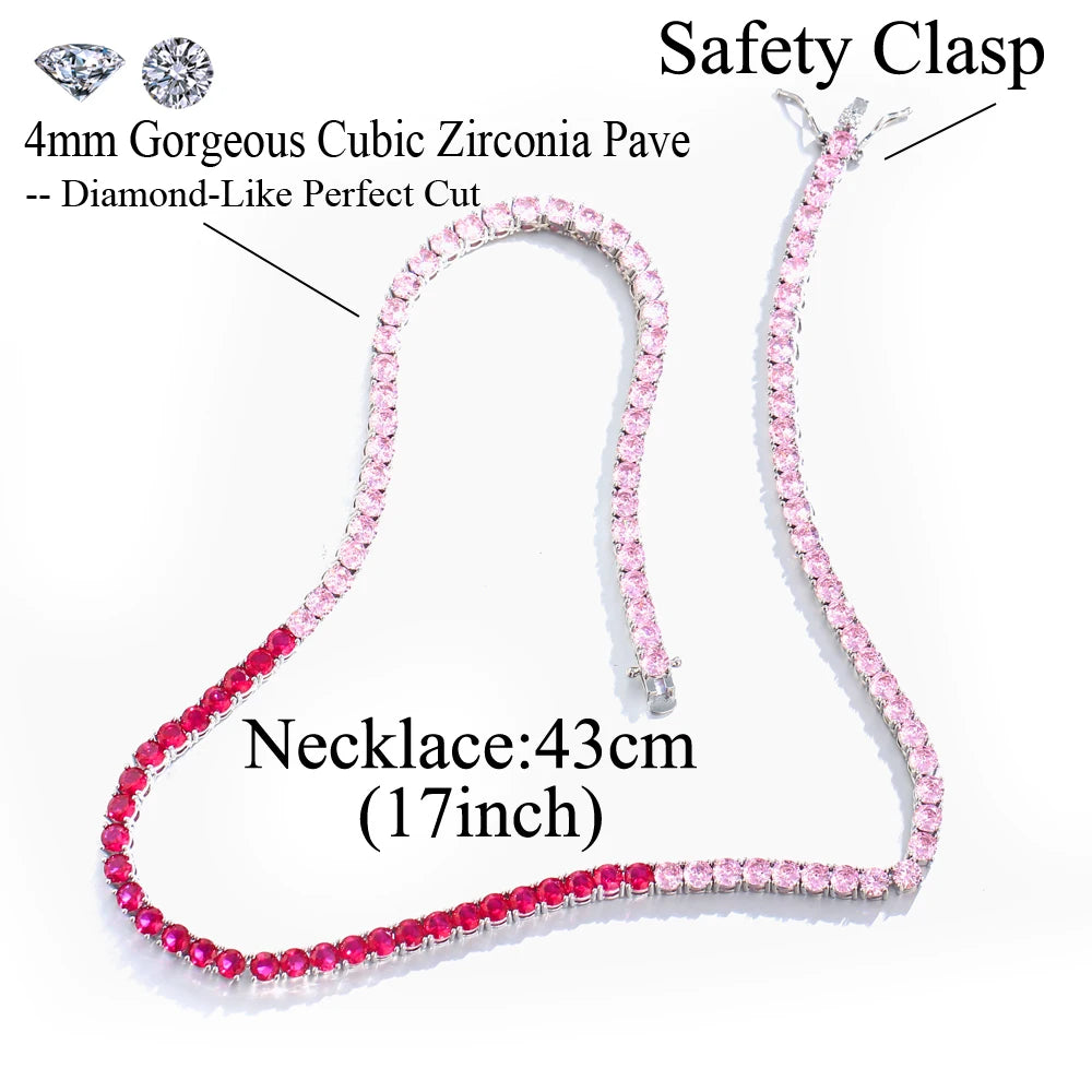 Chic Bling Pink Red Cubic Zirconia Round Chain Link Tennis Choker CZ Necklace for Women New Trendy Jewelry Gift - EUFASHIONBAGS