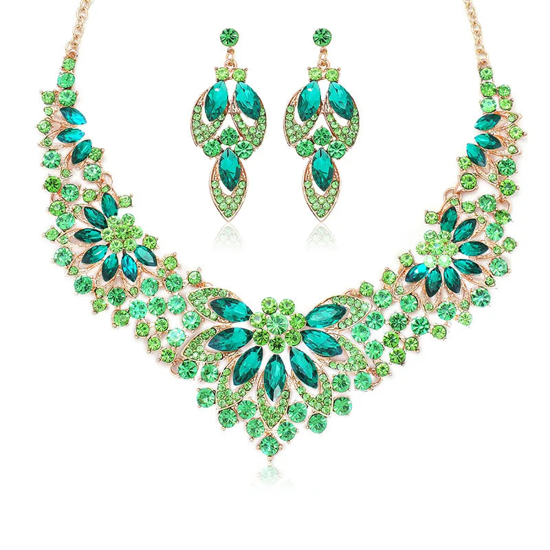 Luxury Green Crystal Leaf Dubai Jewelry Sets For Women Wedding Party Jewelry Accessories Stud Earrings & Necklace Gift - EUFASHIONBAGS