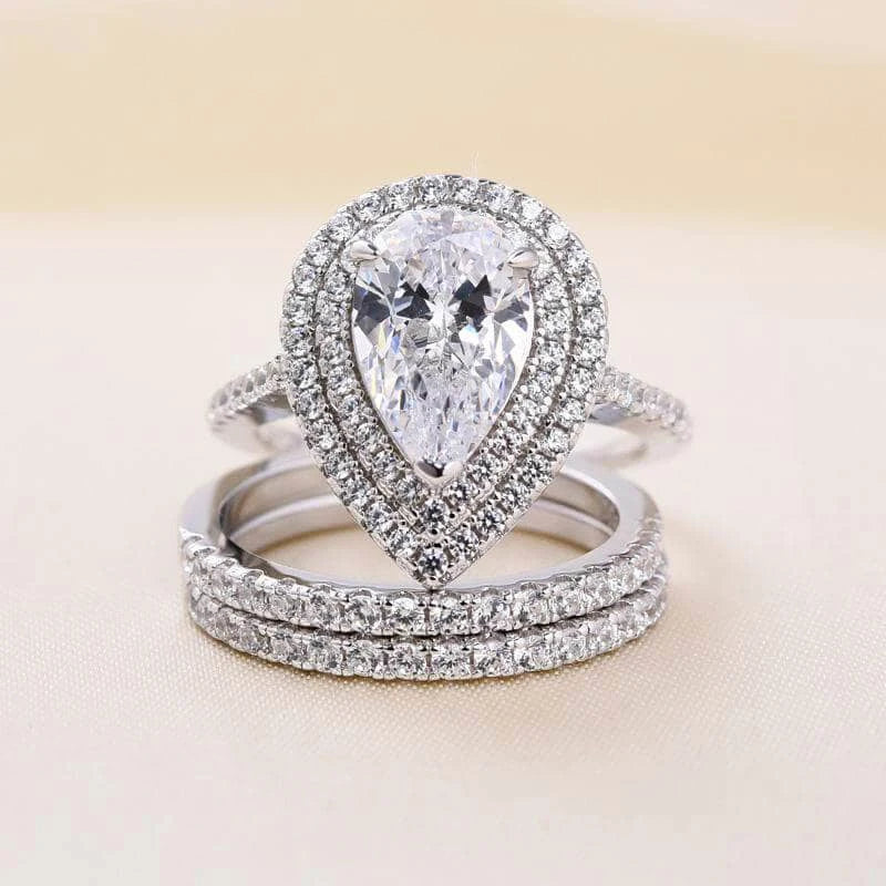 Luxury 3Pcs Set Rings for Engagement Party Female Bright Drop-shaped Zirconia Finger Accessories Gorgeous Wedding Band - EUFASHIONBAGS