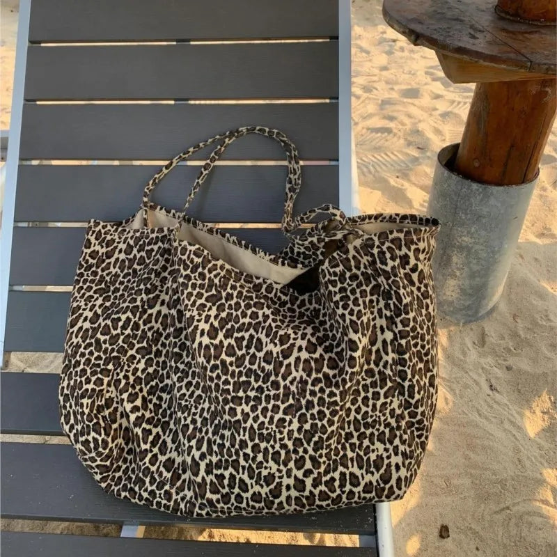 Vintage Leopard Print Tote Bag Handbag Women Retro Large Casual Shoulder Bags Female Harajuku Canvas Y2k Bags - EUFASHIONBAGS