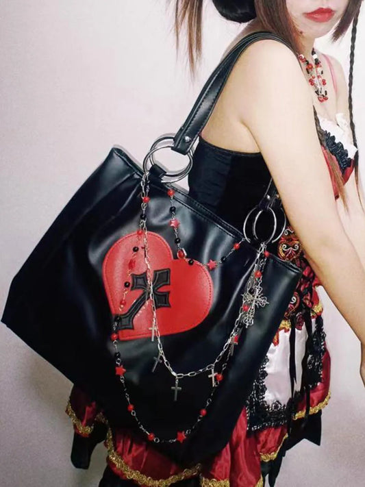 Y2k Grunge The Tote Bag Women Gothic Cross Pu Leather Chain Large Handbags Vintage Black Shoulder Bag