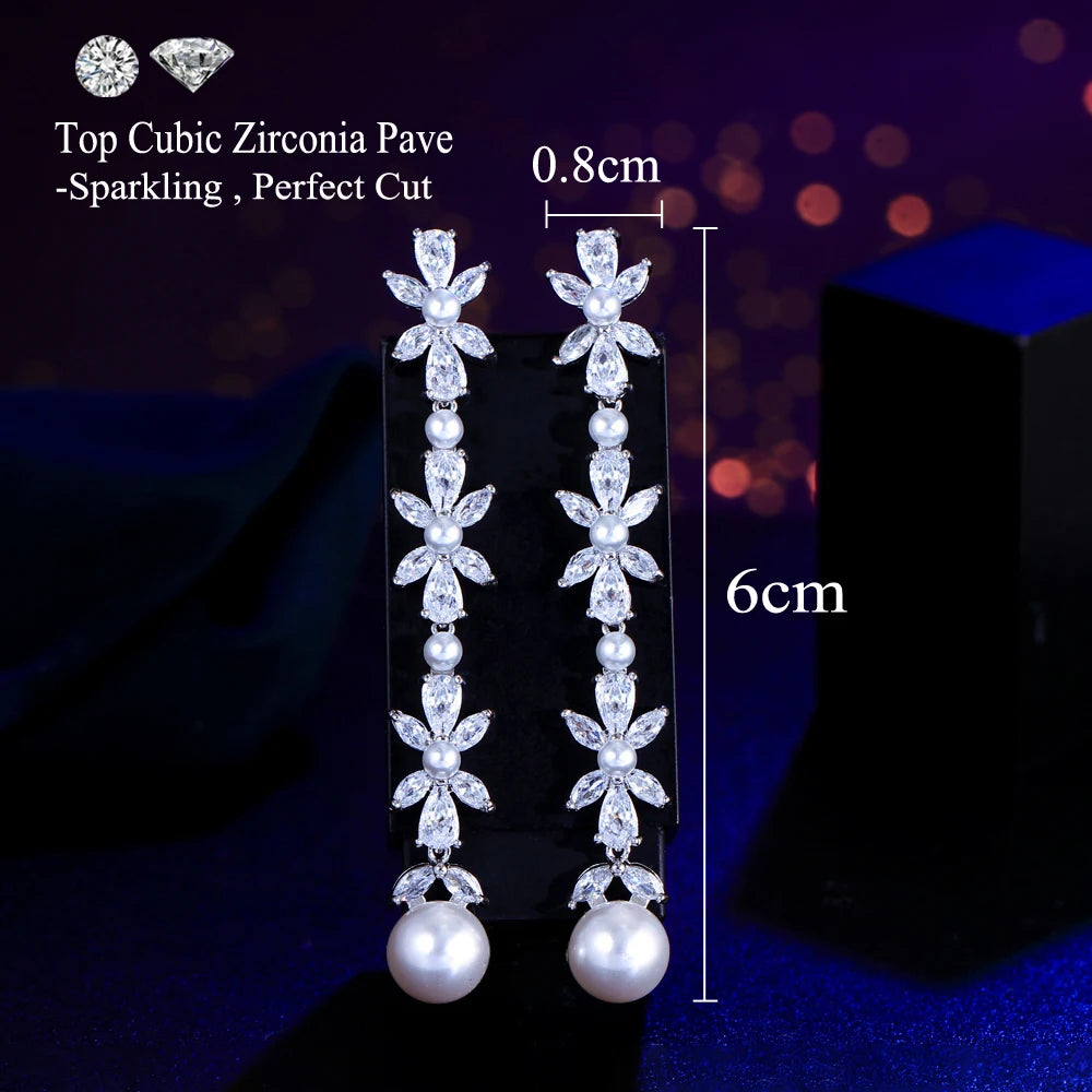 Shiny White CZ Paved Silver Color Long Dangle Drop Pearl Flower Leaf Cubic Zirconia Earrings for Women Wedding