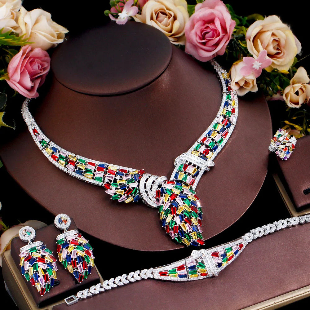 4pcs Nigerian Multicolor CZ Luxury Statement Big Chunky Bridal Necklace Jewelry Sets Wedding Costume Accessories - EUFASHIONBAGS