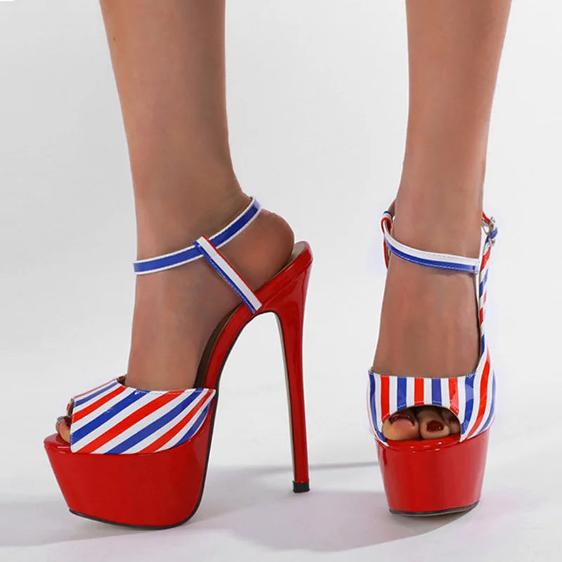 Summer Fashion Striped Ankle Strap Women Sexy 16CM Fetish Sandal Platform High Heels Wedding Banquet Shoes Stilettos Mujer