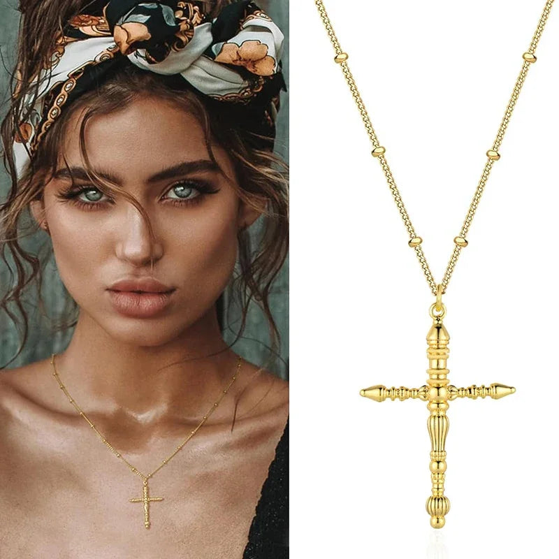 Gold Color Cross Pendant Long Beads Chain Necklace for Women Statement Female Neck Accessories Daily Wear Trendy Jewelry - EUFASHIONBAGS