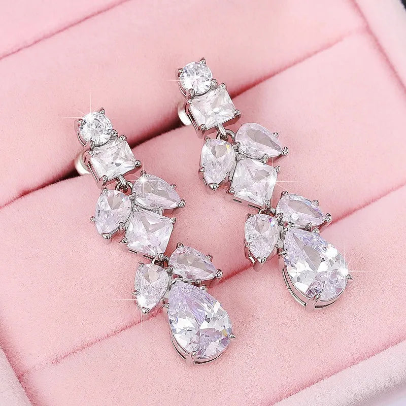 Trendy Leaf Shape Silver Color Earrings for Women Crystal CZ Exquisite Lady's Ear Dangle Earrings Wedding Party Jewelry - EUFASHIONBAGS