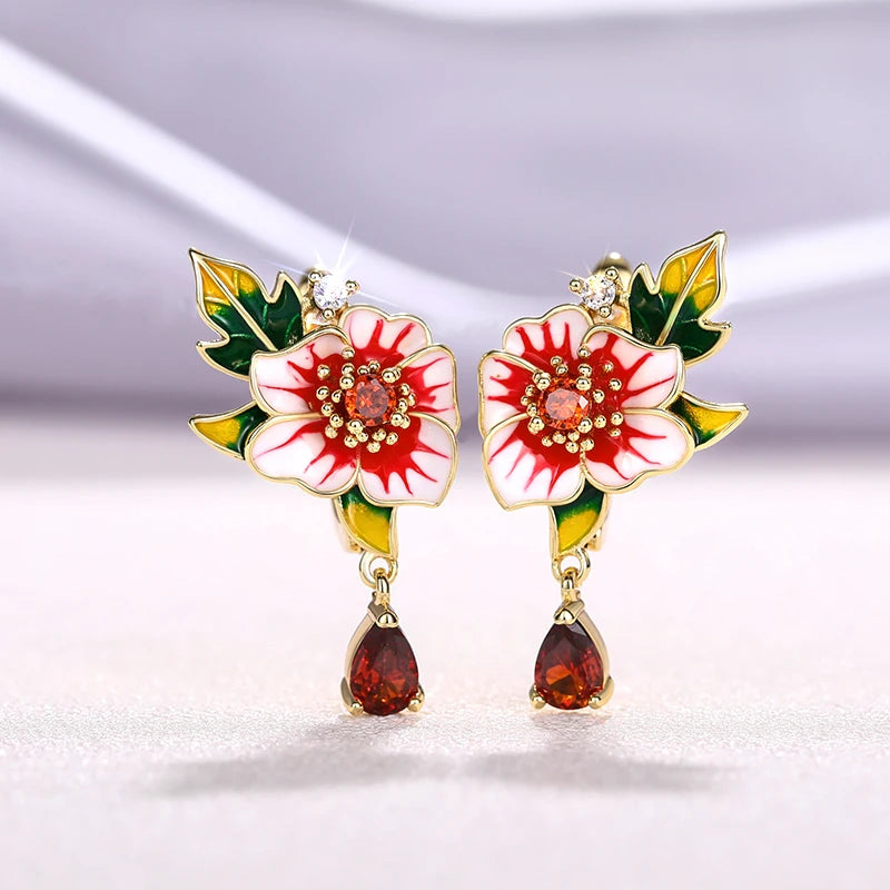 Flower Earrings for Women Red Flower Green Leaf Aesthetic Enamel Earrings Wedding Party Temperament Lady Jewelry