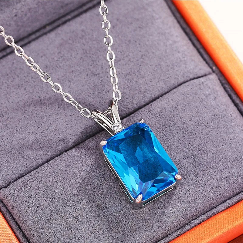 Rectangular Blue CZ Pendant Necklace for Women Wedding Party Silver Color Neck Accessories Trendy Jewelry