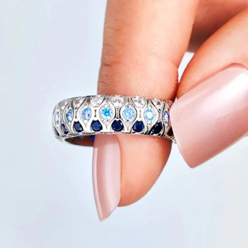 Stylish Bright Blue Zirconia Finger Ring Women Wedding Jewelry Fashion Lady Chic Silver Color Accessories for Daily Life