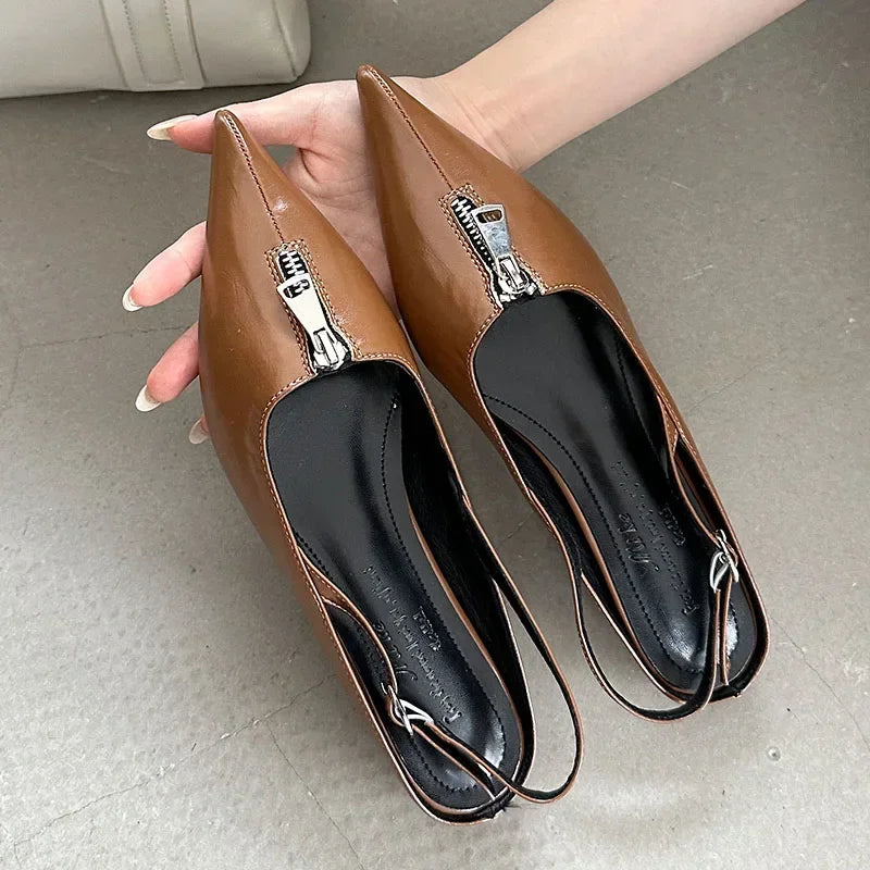 2025 New Designer Low Heel Dress Shoes Women Zip Slingback Sandals Female Comfort Fashion Pointed Toe Pumps Sandalias De Mujer