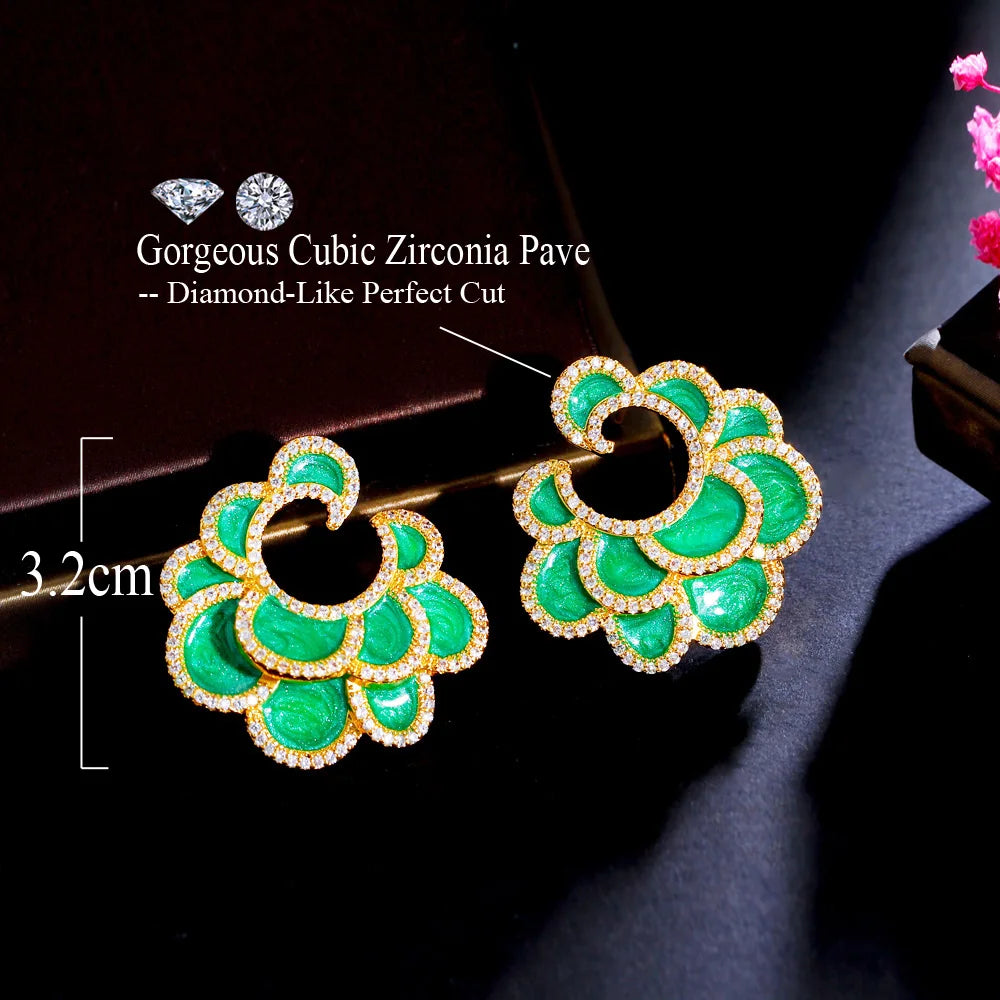 Geometric Multiple Green Enamel Flower Gold Plated Cubic Zircon Big Drop Chic Retro Wedding Earrings for Women - EUFASHIONBAGS