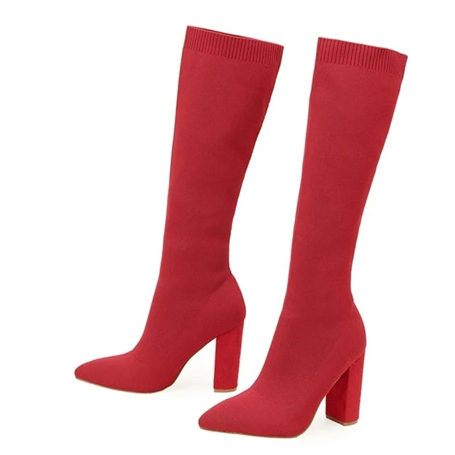 Green Women Cozy Knitting Stretch Fabric Knee High Boots Fashion Square Heels Autumn Winter Sock Long Shoes Booties Female - EUFASHIONBAGS