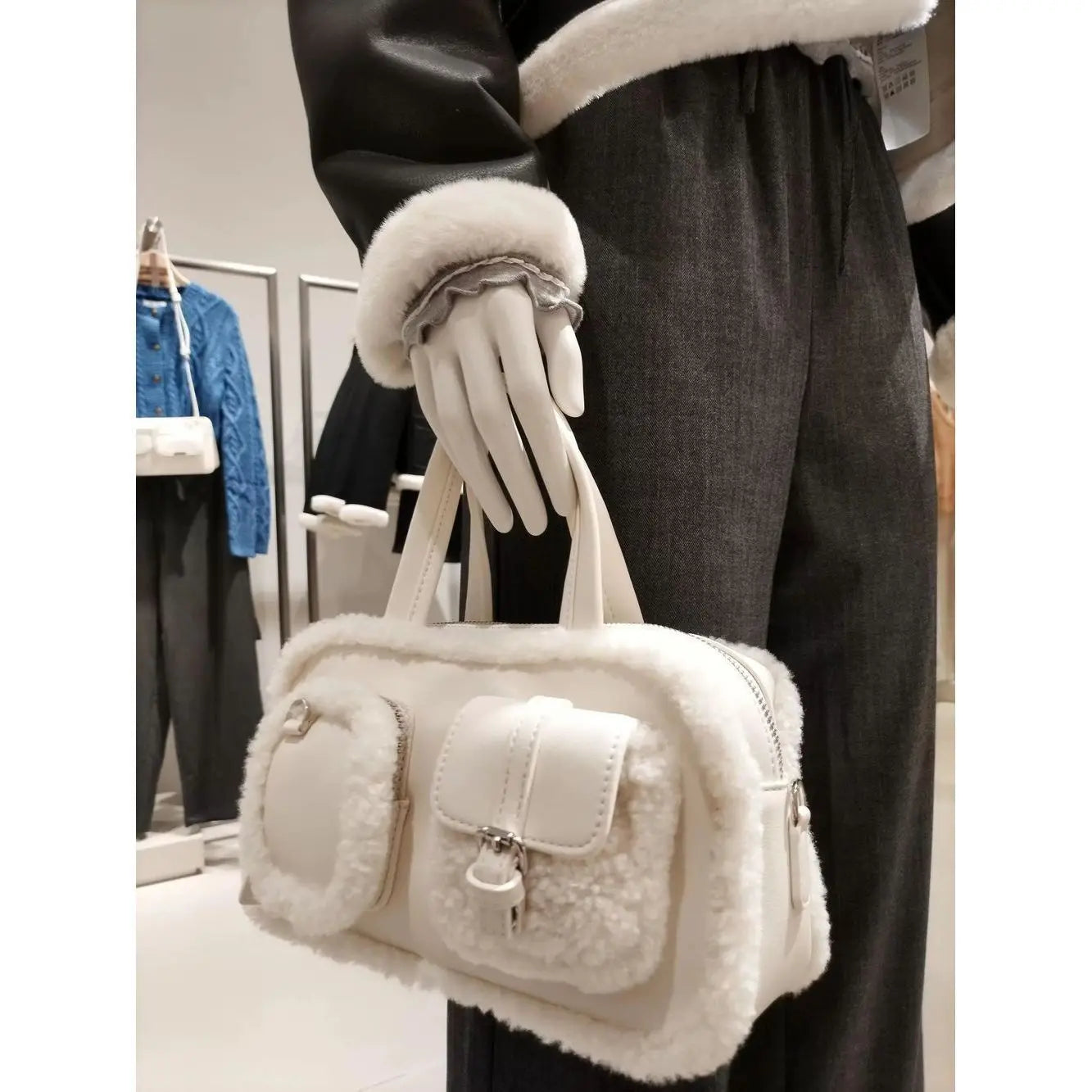 Hot Girls White Handbag Bowling Bag Women High Street Handle Pocket Suede Crossbody Bags Ladies Retro Y2k Hand Bag - EUFASHIONBAGS